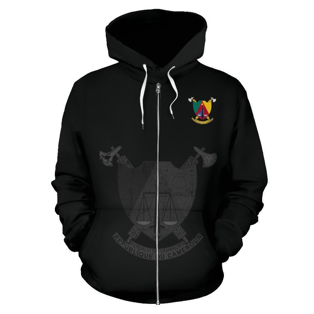 Cameroon Zipper Hoodie, black zip hoodie with front logo emblem and hood drawstrings