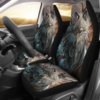 Car seat cover panels with multicolor wolf portrait graphic on dark fabric