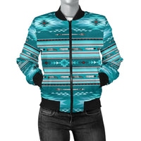 Women’s bomber jacket in teal with multicolor tribal pattern, zip front, black ribbed collar/cuffs