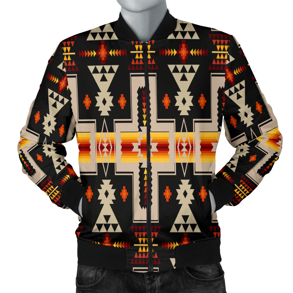 Bomberjacke schwarz mit bunten geometrischen Native-Tribal-Mustern und Reißverschluss