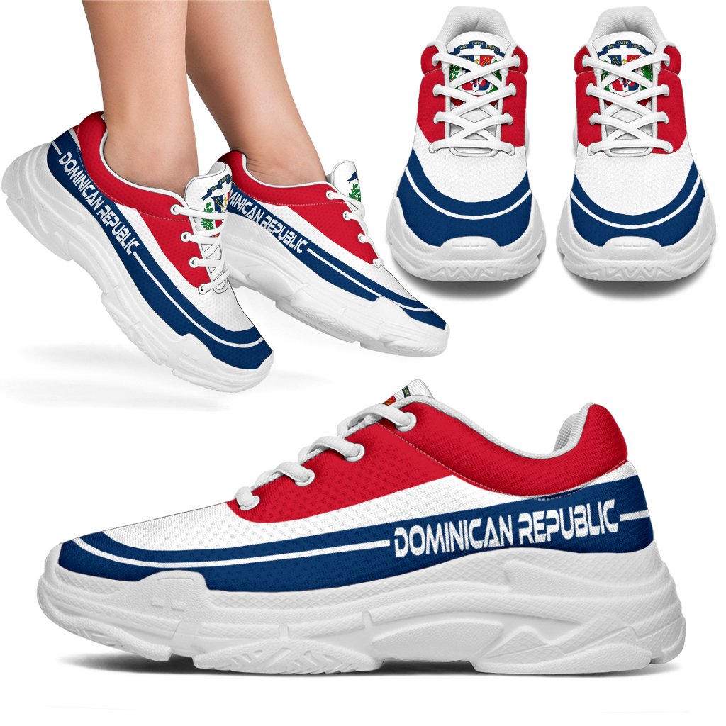 Dominican Republic chunky sneakers, red white blue upper, white sole, lace-up