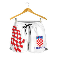 White women's shorts on hanger, black drawstring and red checkered Croatia crest
