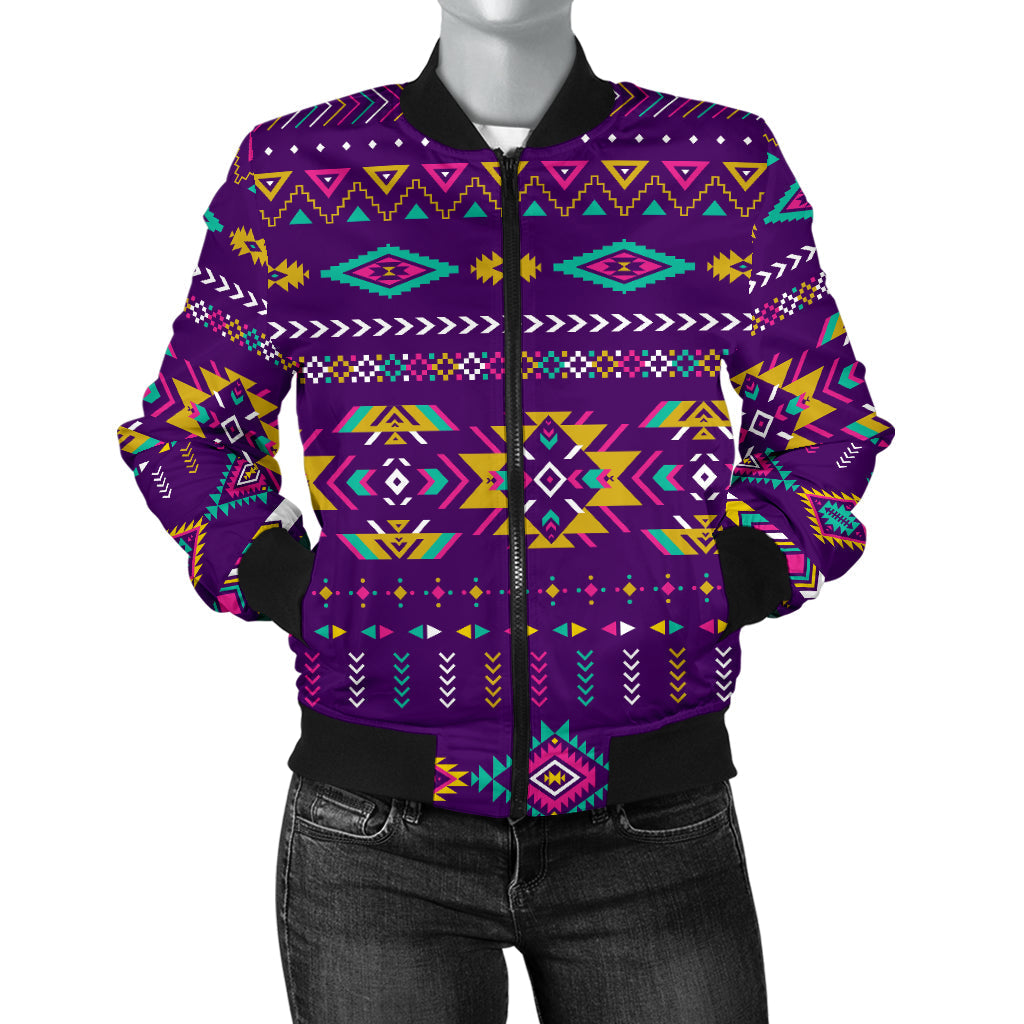 Women’s bomber jacket with multicolor Aztec pattern, zip front, black rib hem and cuffs