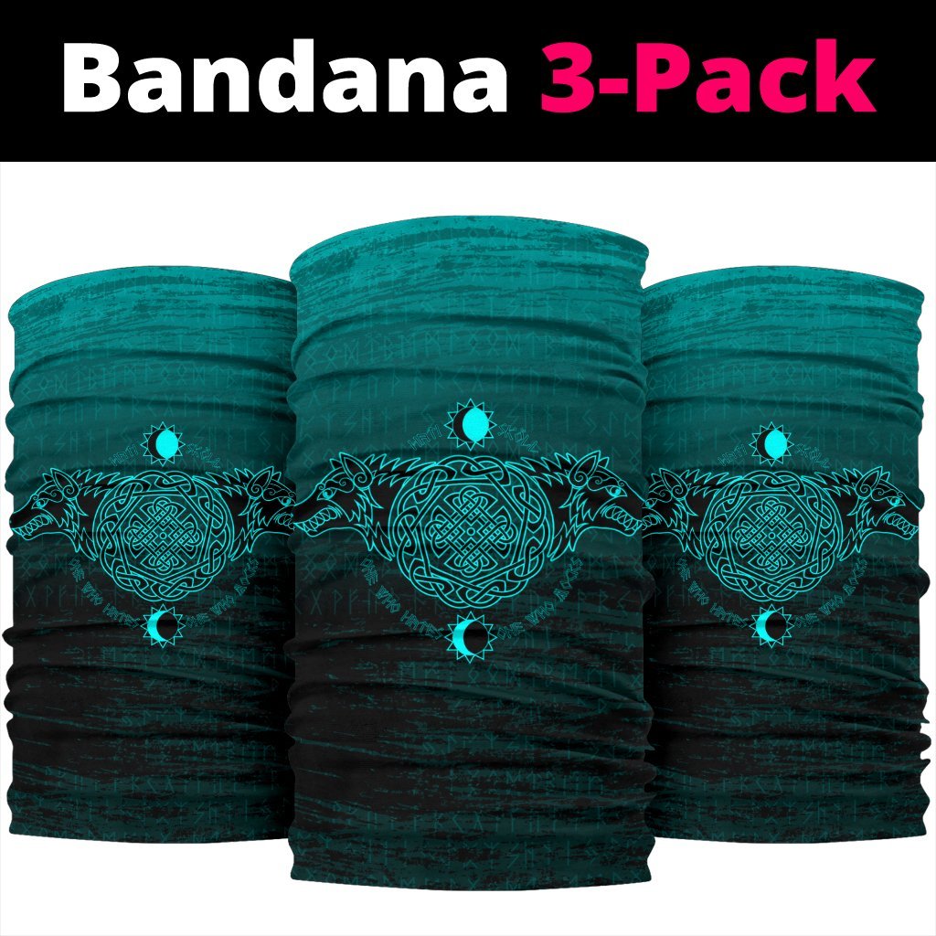 Dark teal Viking-style neck gaiter 3-pack with teal mandala rune pattern (set of three)