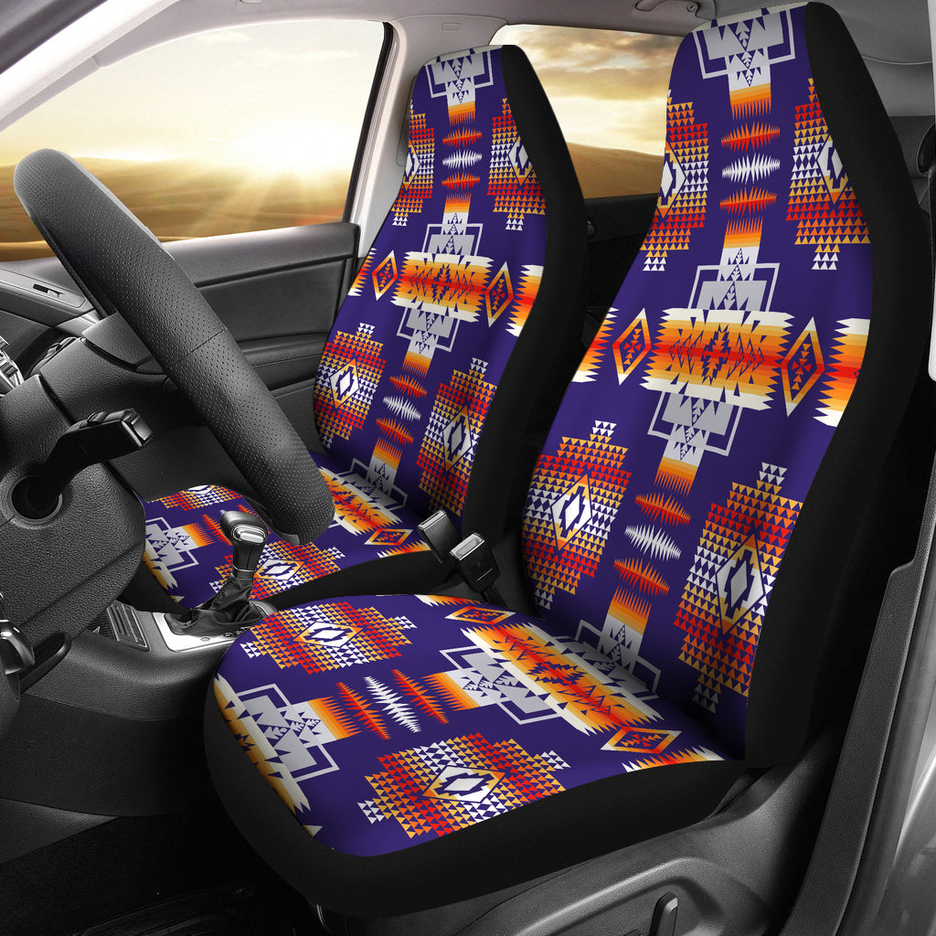 Purple car seat covers with colorful geometric native-style pattern on front seats