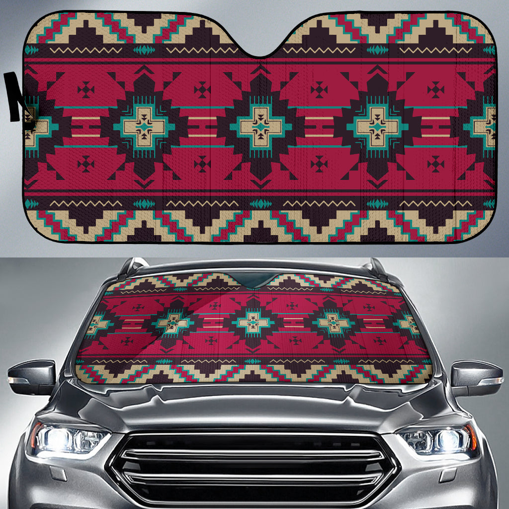 Multicolor native geometric auto sun shade in red, teal, and beige