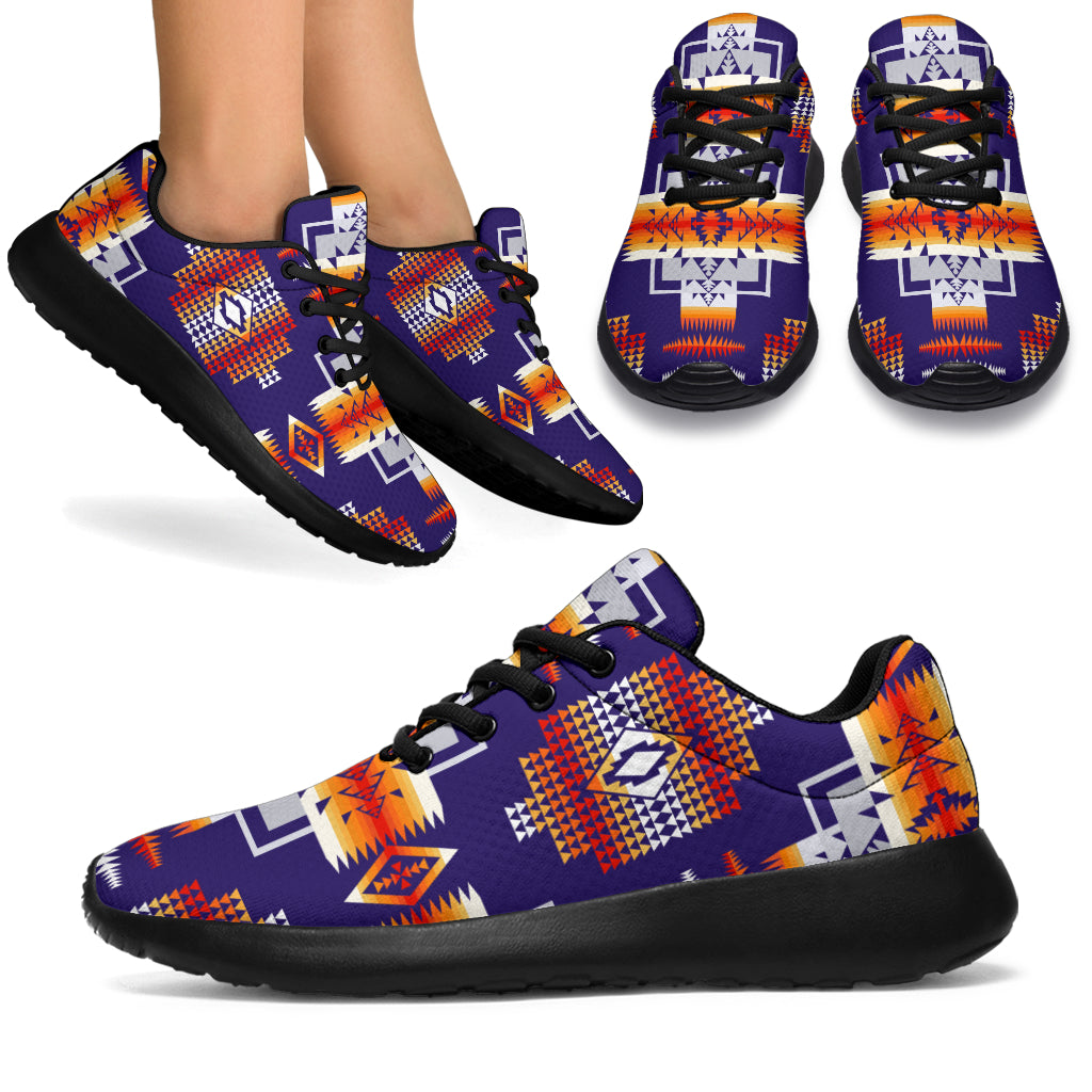 Purple native-pattern sport sneakers, black laces, black sole (worn on feet)