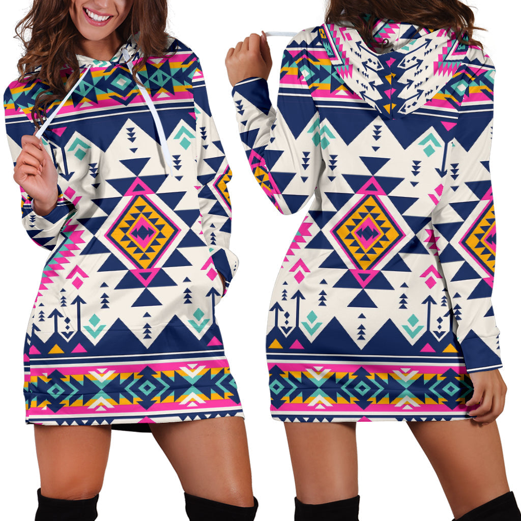 Multicolor geometric hoodie dress with kangaroo pocket, hood, long sleeves
