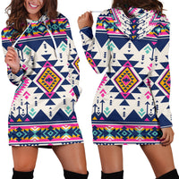 Multicolor geometric hoodie dress with kangaroo pocket, hood, long sleeves