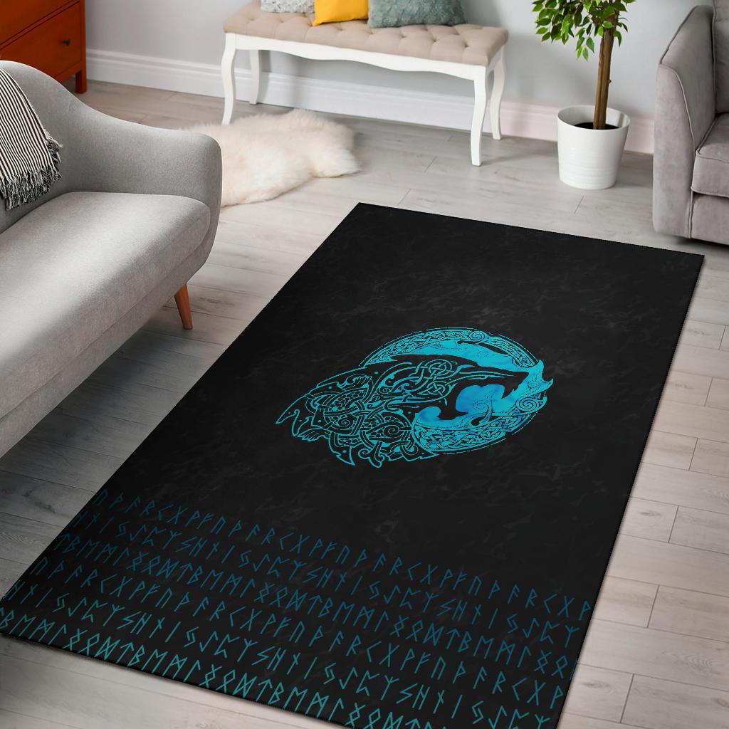 Black area rug with cyan Fenrir wolf emblem and Nordic rune border