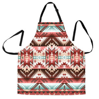 Red tribal print apron with front pocket and adjustable neck strap, colorful geometric pattern