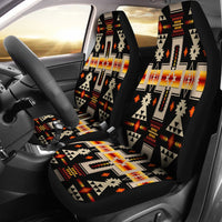 Black seat covers with multicolor Native American geometric pattern, LT10 set in car