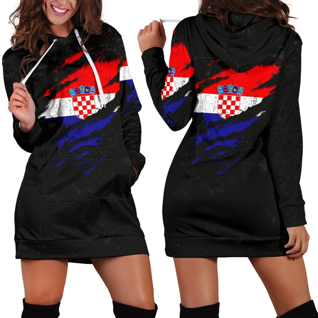 Women’s hoodie dress, black with Croatia flag grunge print, front kangaroo pocket