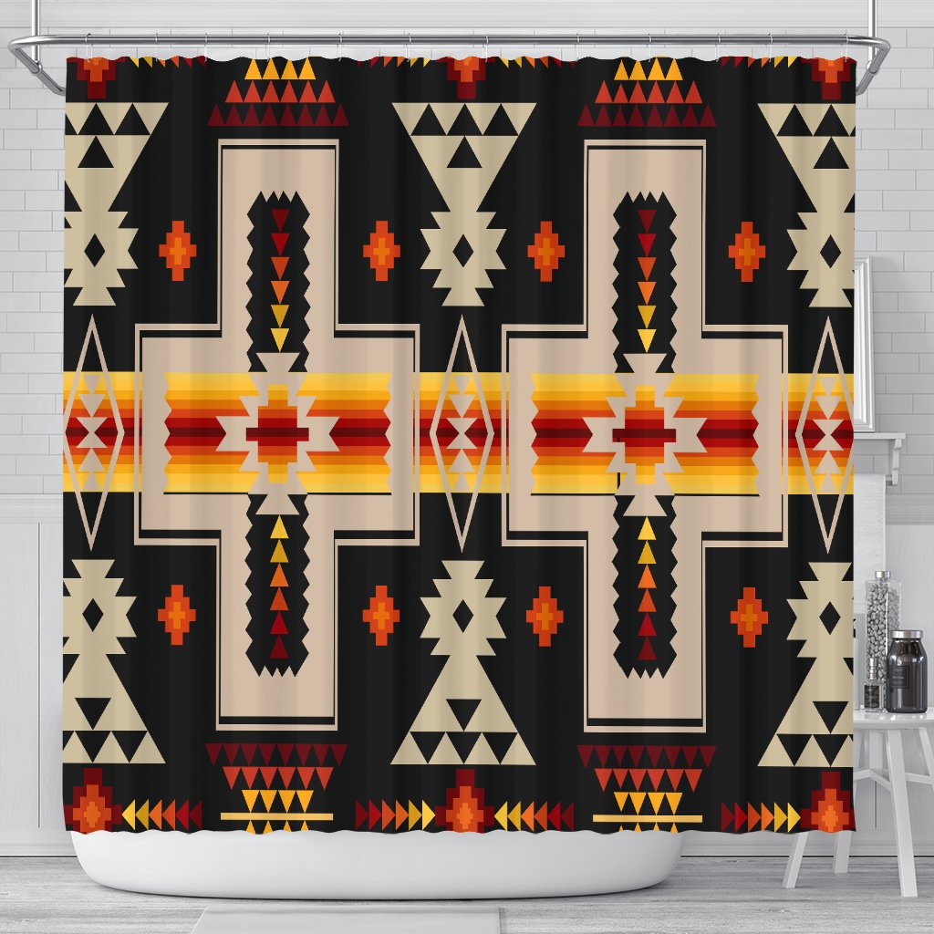Black shower curtain with Native-style cross & geometric patterns, multicolor