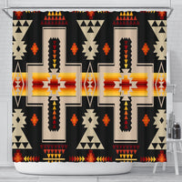 Black shower curtain with Native-style cross & geometric patterns, multicolor