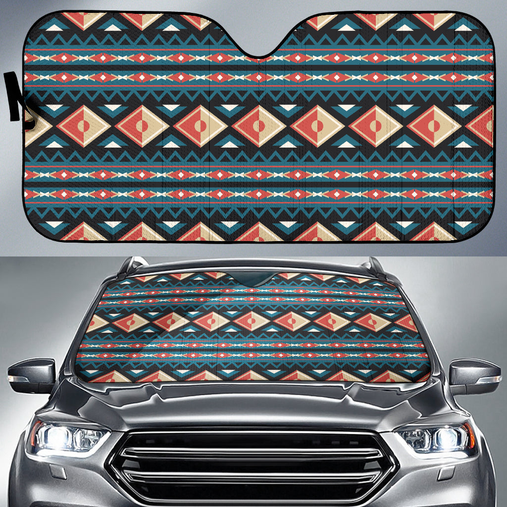 Multicolor diamond and Native American geometric auto sun shade for LT10, top view