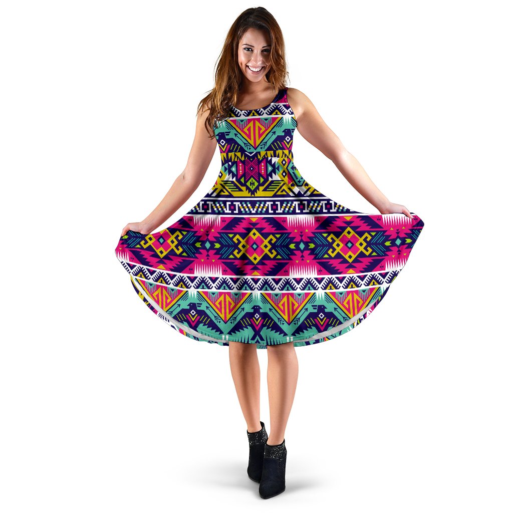 Colorful Thunderbird dress in multicolor tribal 3D print, sleeveless fit-and-flare