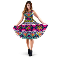 Colorful Thunderbird dress in multicolor tribal 3D print, sleeveless fit-and-flare