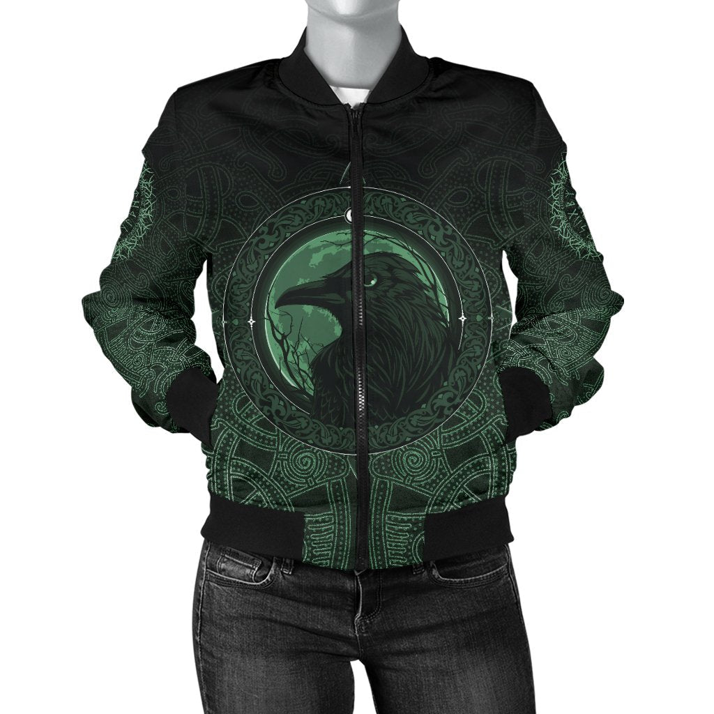 Viking Women's Bomber Jacket, Ethnic Odin Raven Green RLT12 - Wonder Print Shop