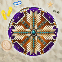 Round beach blanket with purple and brown mandala, white beadwork, and fringe edge