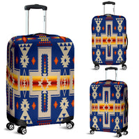Dark navy luggage cover with multicolor native geometric pattern, wheeled suitcase front