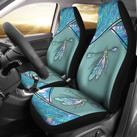 LT10 car seat covers with blue-green feather print, multicolor, black trim