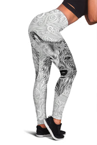 Women’s leggings with white-and-gray wolf head graphic and swirling pattern