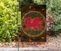 Brown garden flag with Welsh dragon and Celtic tree in circular knot design