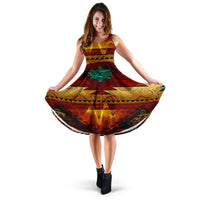 Sleeveless native-style 3D print dress in red, gold, green with geometric patterns, flared skirt