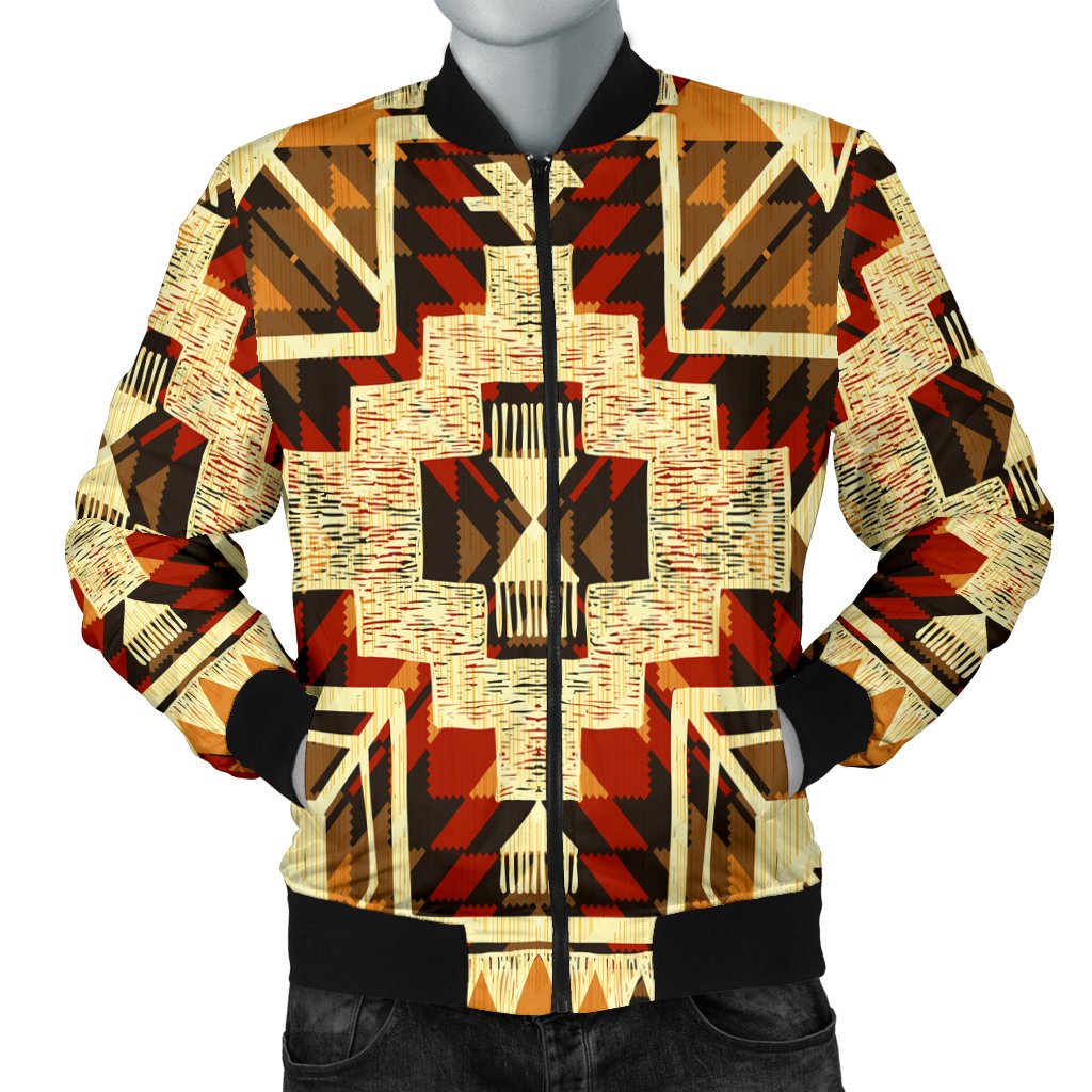 Tribal bomber jacket with yellow, red, black, and cream arrow/diamond graphic front, zip-up