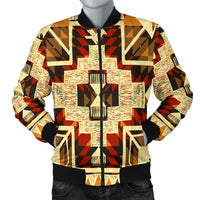 Tribal bomber jacket with yellow, red, black, and cream arrow/diamond graphic front, zip-up