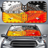 Front auto sun shade with multicolor Native-style medicine wheel geometric pattern