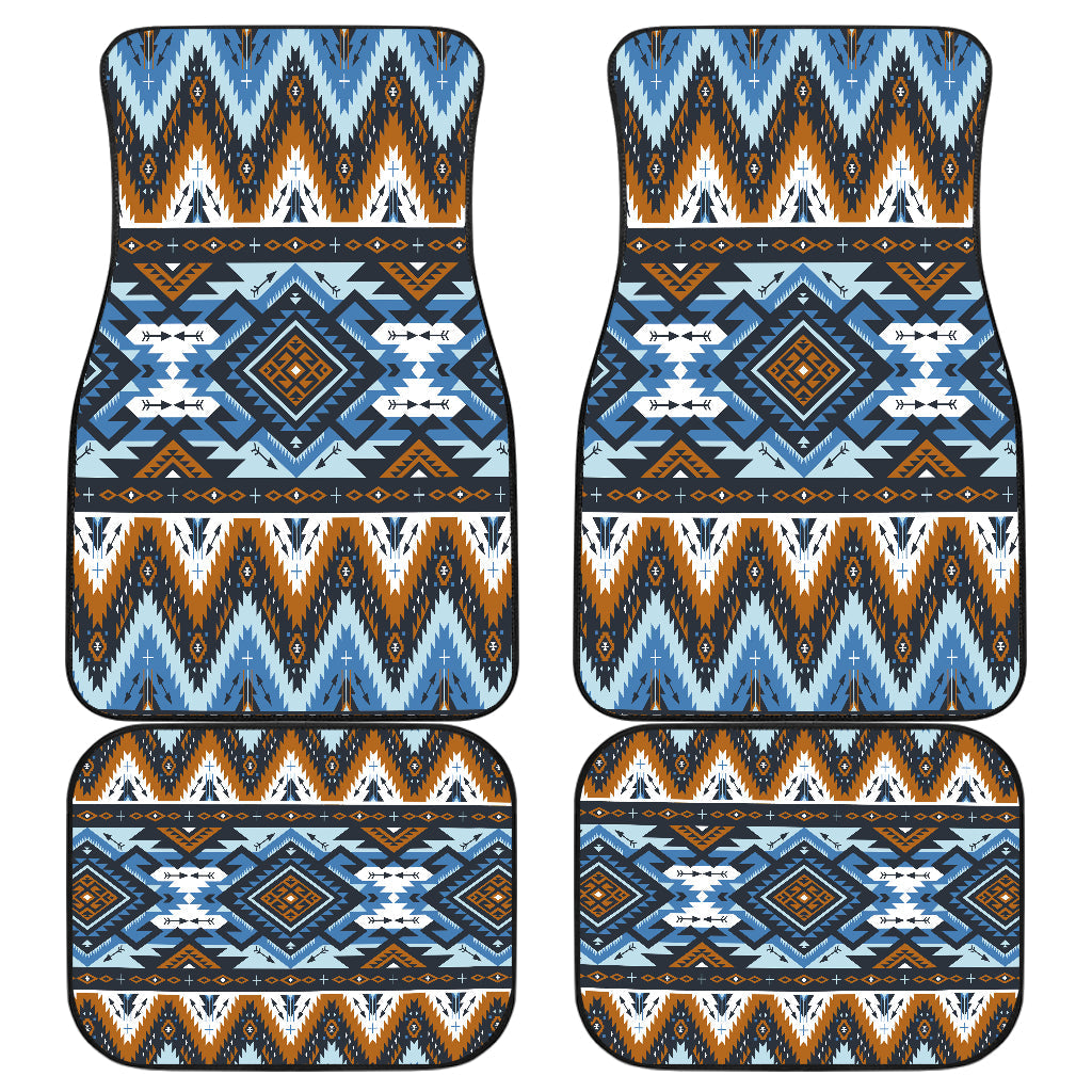 Set of 4 tribal zigzag car floor mats in blue, white, and brown (front/back)