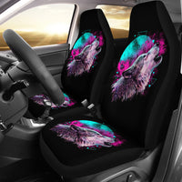 Black full car seat covers set with neon wolf howling graphic in turquoise and pink