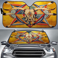 Yellow bison-themed car auto sun shade with multicolor tribal pattern