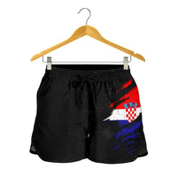 Black women's shorts with elastic waist, drawstring, and Croatia flag grunge graphic