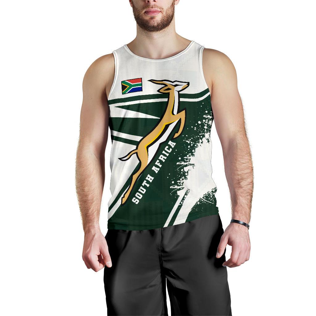 Springboks men’s tank top on model, white with green stripes and stylized kangaroo