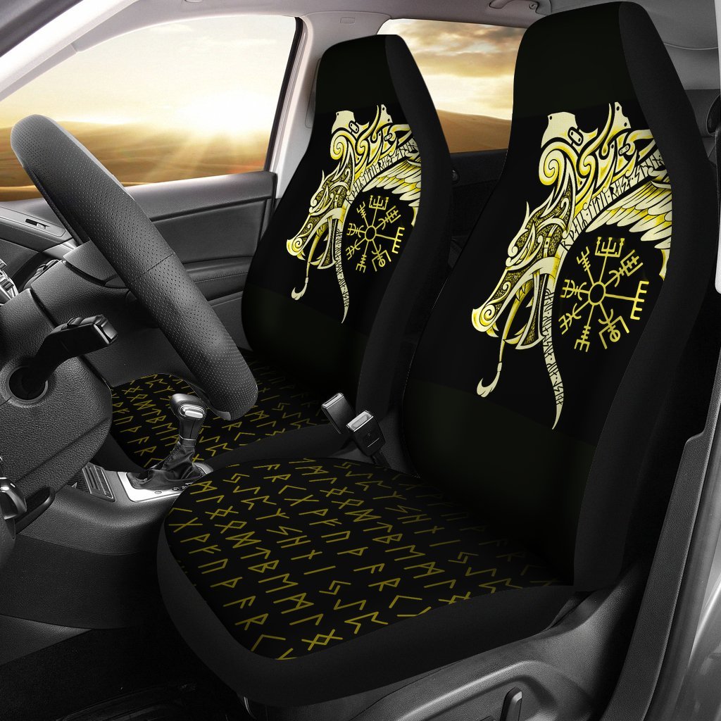 Viking Car Seat Covers, Fenrir Raven and Vegvisir Tattoo Yellow RLT12 - Wonder Print Shop