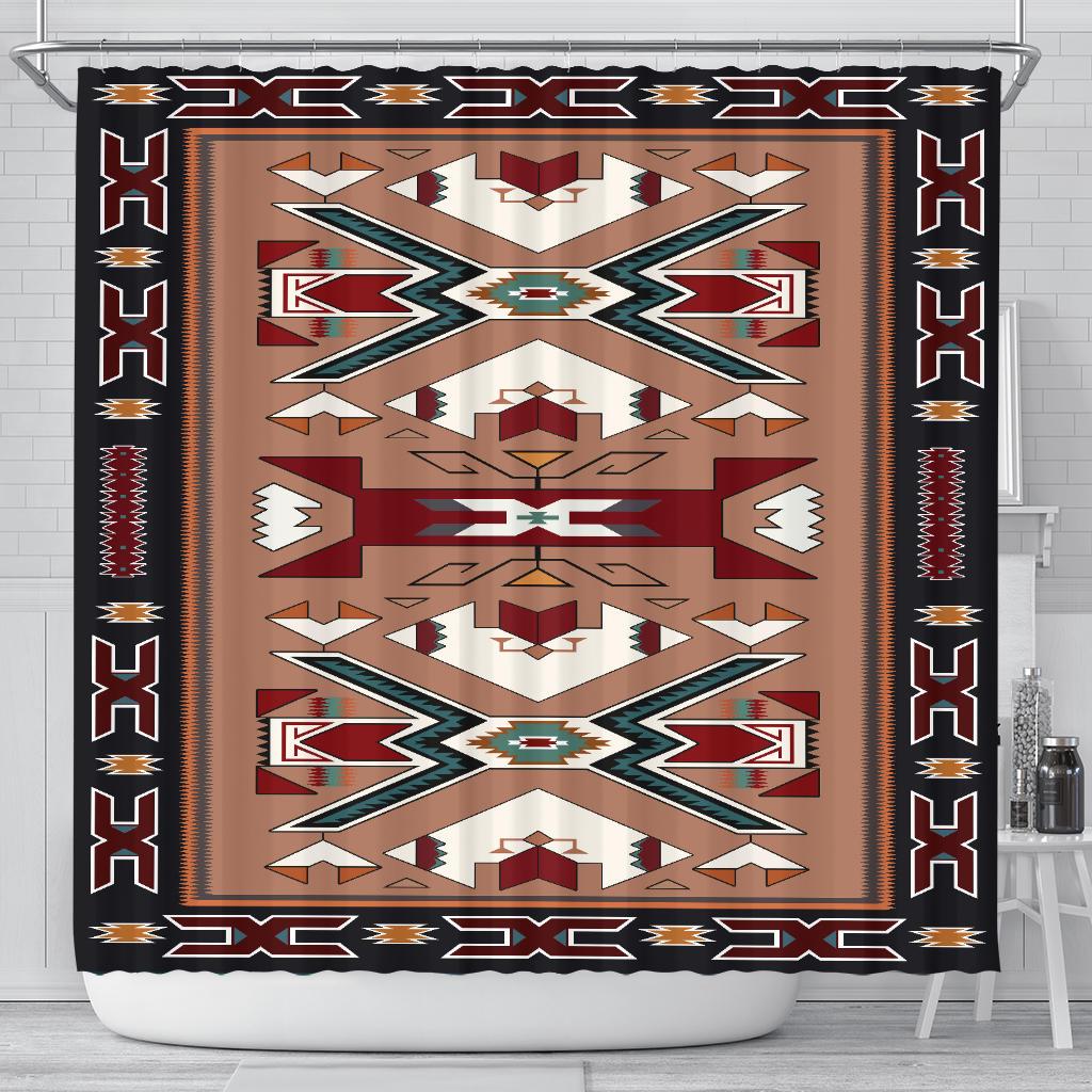 Orange geometric Native American style shower curtain with black border and diamond motifs