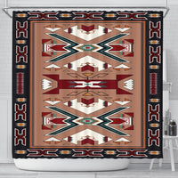 Orange geometric Native American style shower curtain with black border and diamond motifs