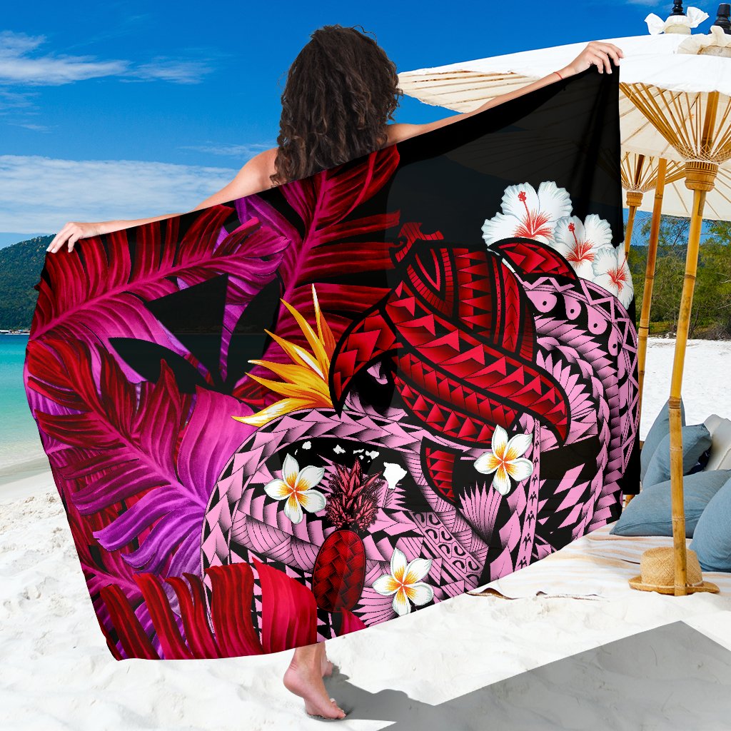 Hawaiian sarong with black base, red/purple tribal turtle tattoo, and white plumeria flowers
