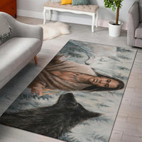 Area rug with woman's portrait and dark wolf, multicolor