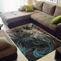 Wolf face area rug with teal and bronze tones, dreamcatcher-style circular pattern