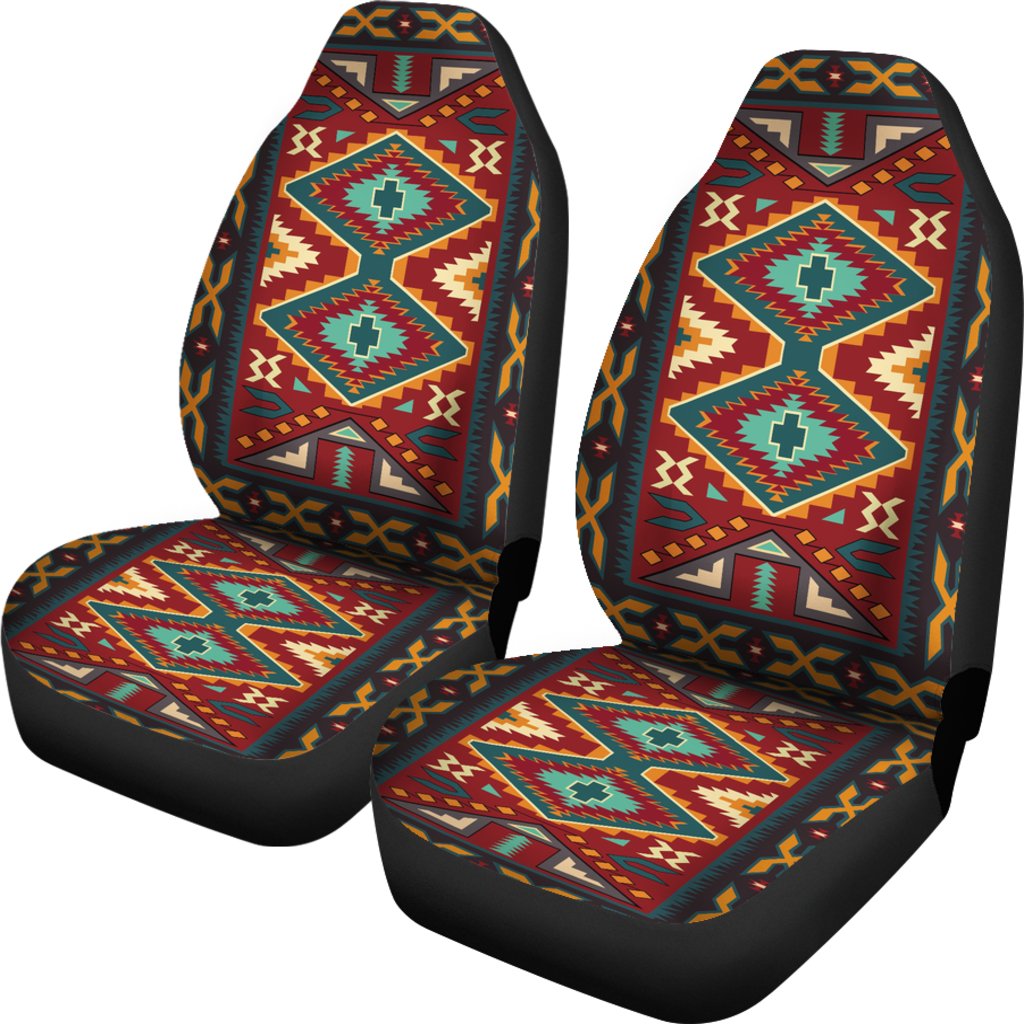 Set of two colorful geometric car seat covers with matching seat cushions