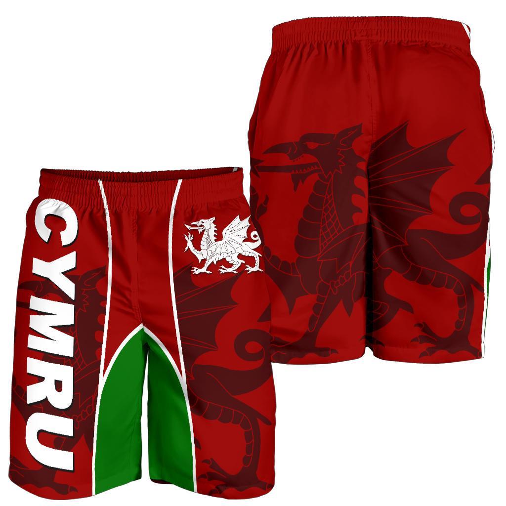 Red men’s Wales shorts, elastic waistband, large dragon print with green trim