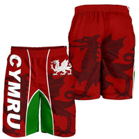Red men’s Wales shorts, elastic waistband, large dragon print with green trim