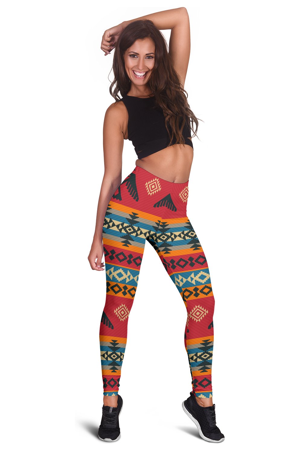Women’s Native-style leggings, colorful geometric print on red-orange fabric