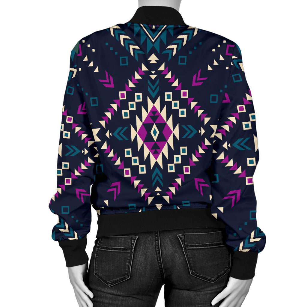 Back view dark geometric bomber jacket with full zip front, black ribbed hem and cuffs