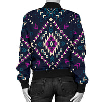 Back view dark geometric bomber jacket with full zip front, black ribbed hem and cuffs