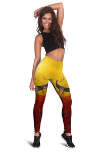 Multicolor leggings with bison and medicine wheel print, yellow and red front view
